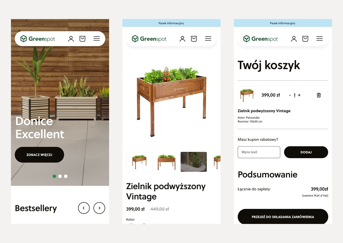 Wersja mobilna: strona główna, karta produktu i koszyk