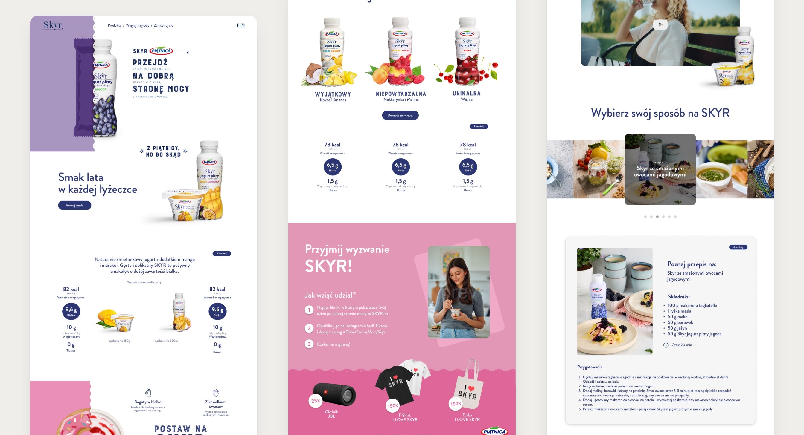 Cały landing Skyr w trzech kolumnach: key visual, nowe smaki i konkurs, przepisy