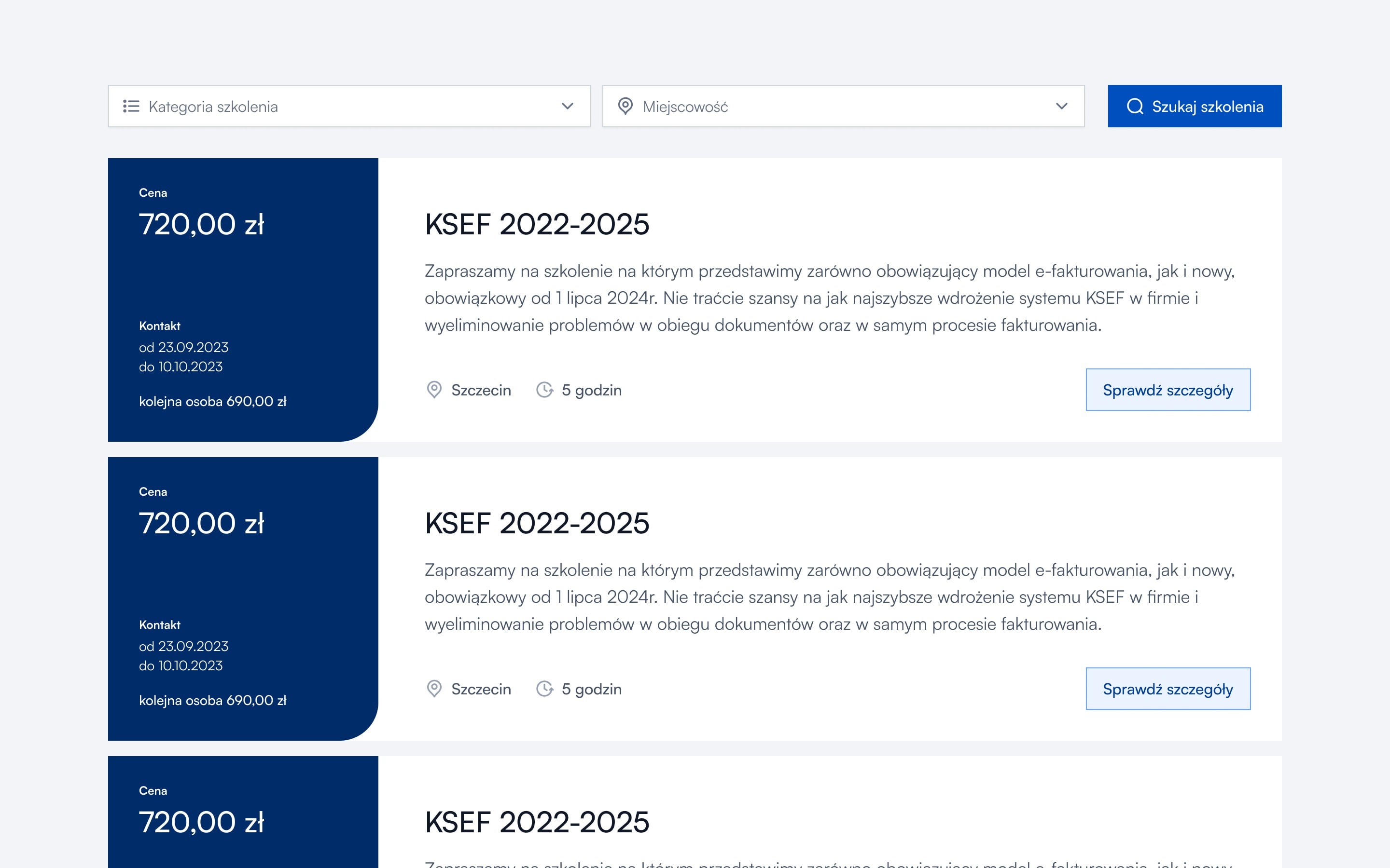 Lista szkoleń z filtrami kategorii i miejscowości