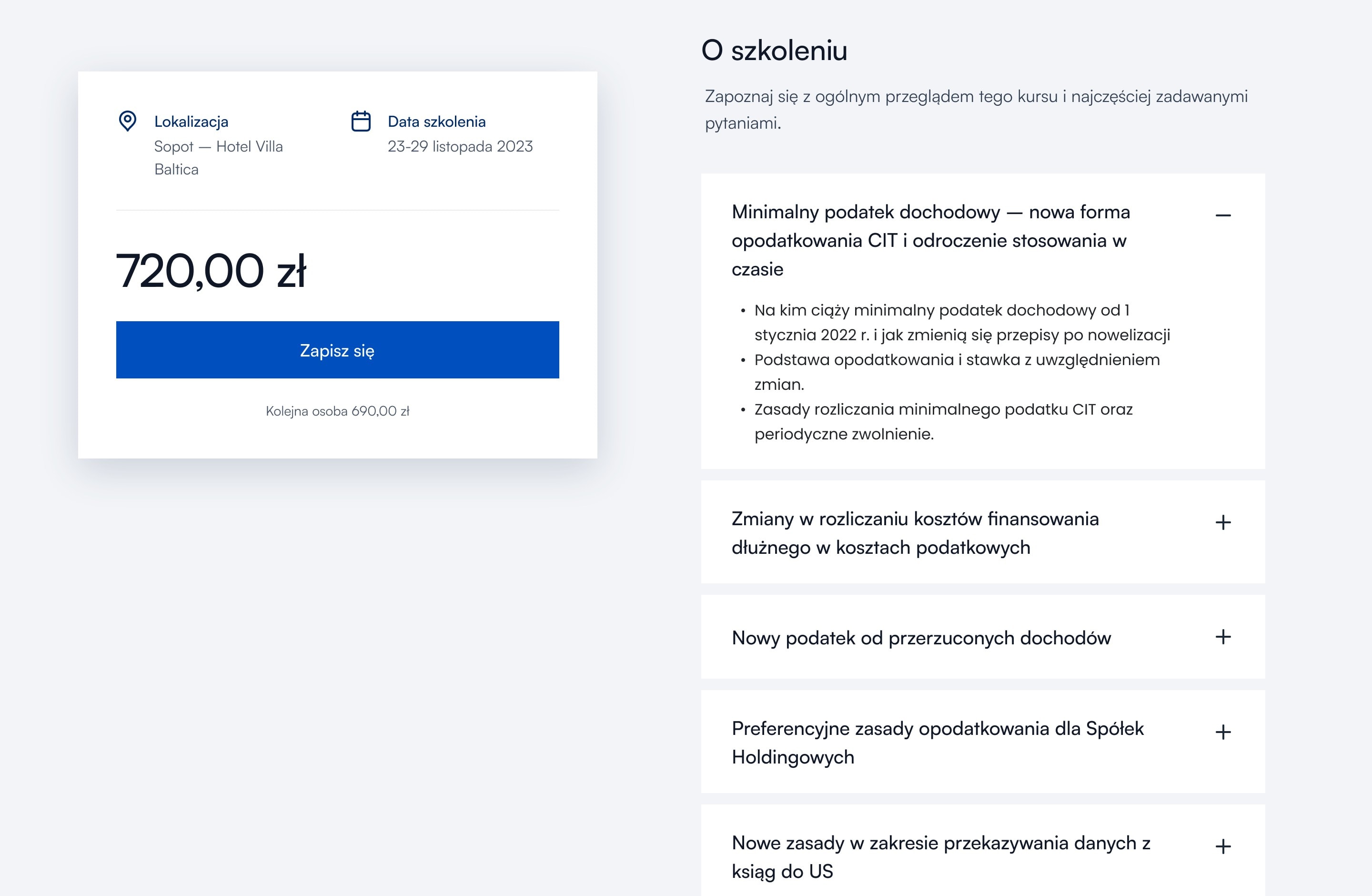 Karta z ceną i zapisem obok programu szkolenia w rozwijanych blokach