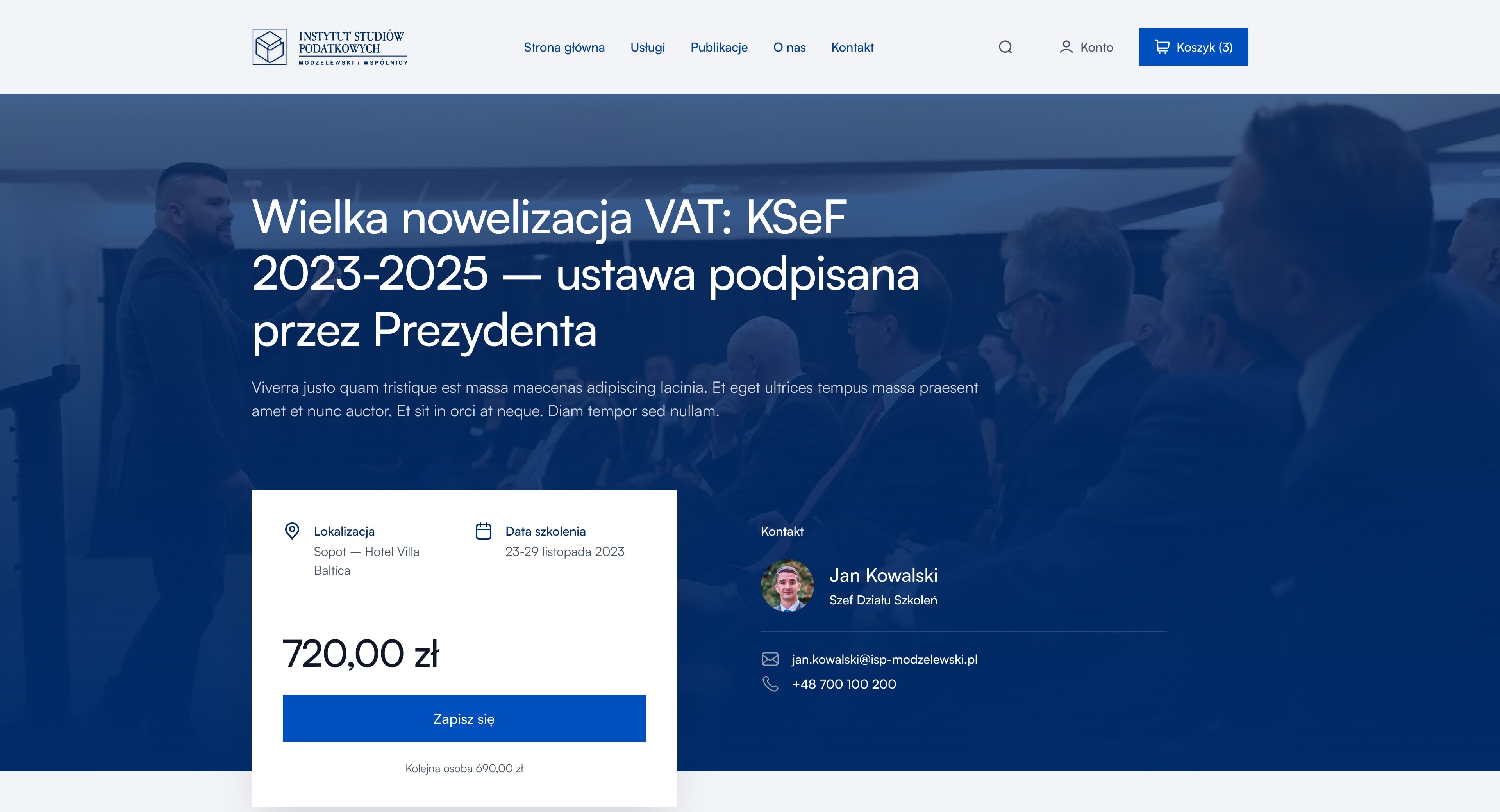 Strona szkolenia „Wielka nowelizacja VAT: KSeF” z ceną i zapisem